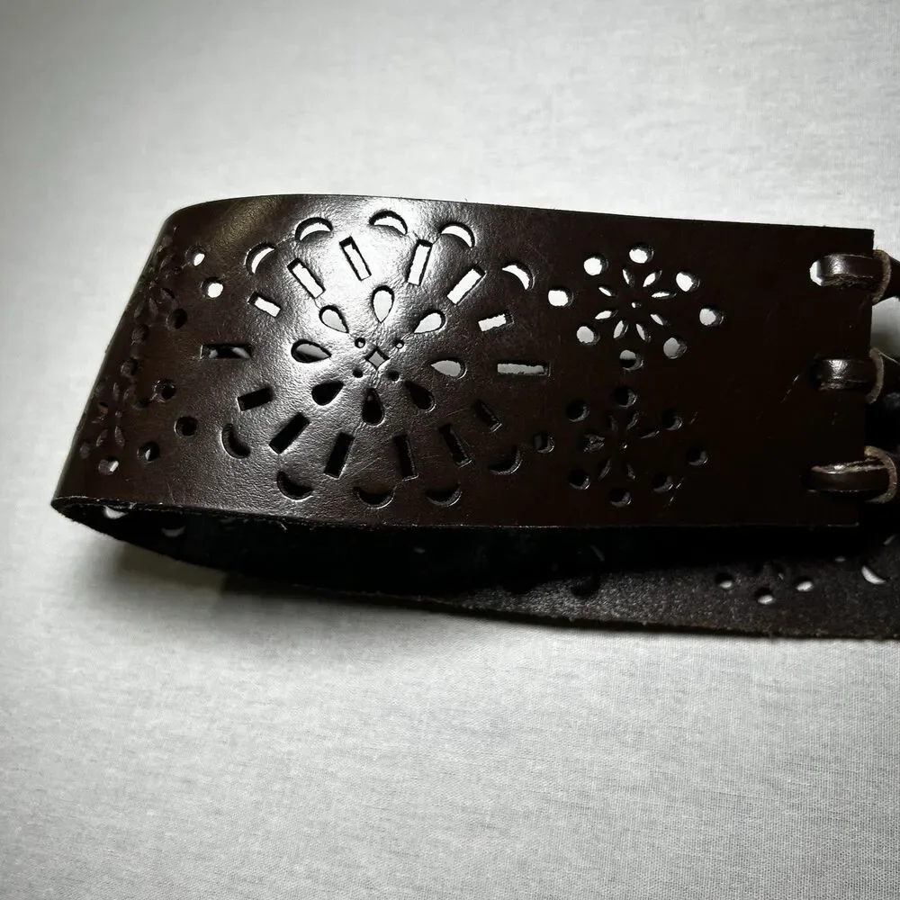 New York & Company dark brown bohemian laser-cut belt long fringe ties. L/XL